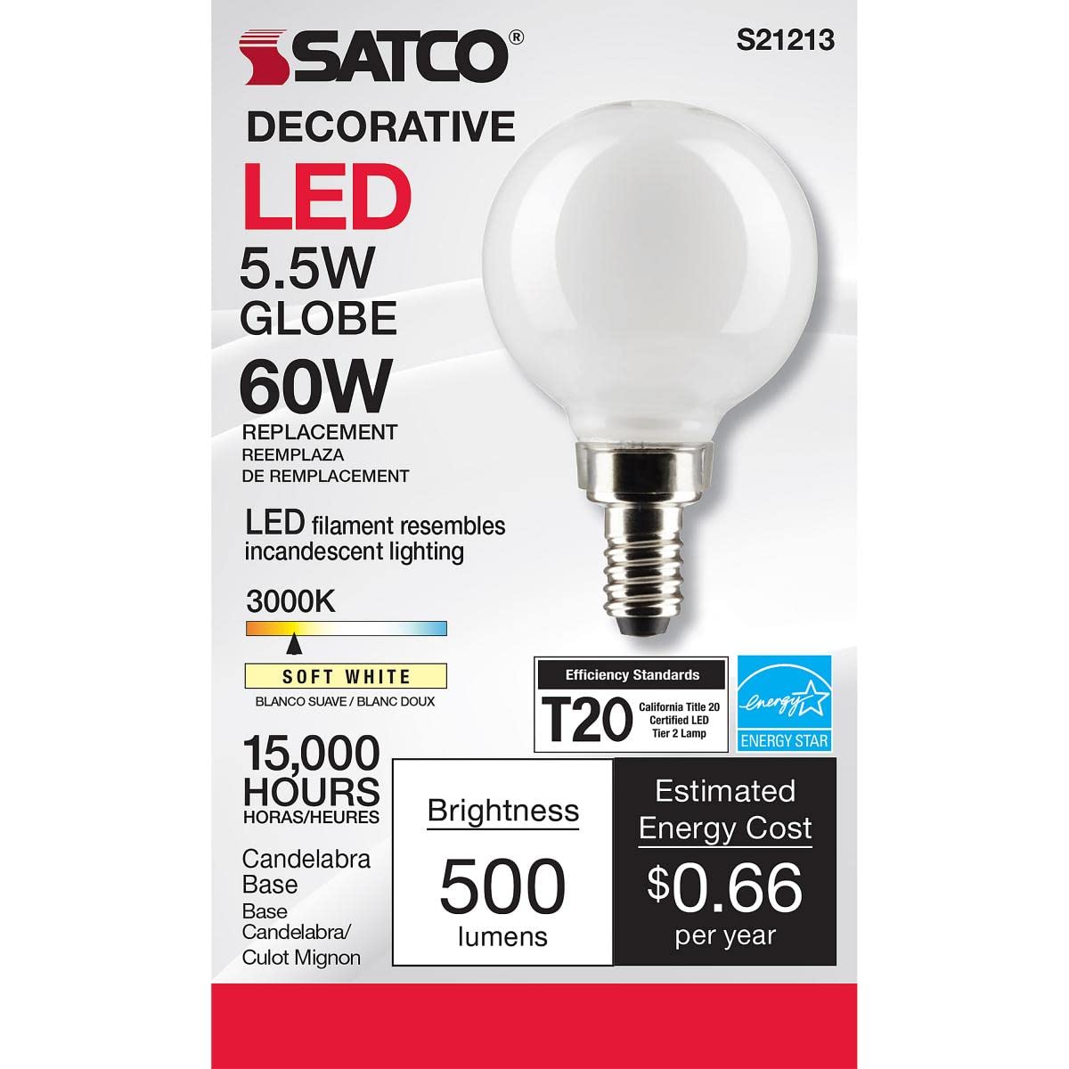 Satco 5.5-Watt LED E12 Light Bulb, 3000K, 15000 Hour Rating, Dimmable
