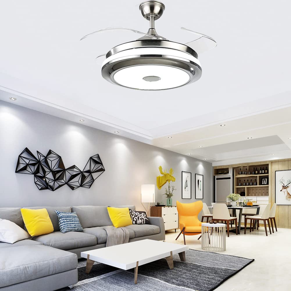 MORE CHANGE 36" Retractable Ceiling Fans with Lights and Music Speaker,Modern Bluetooth LED Chandelier Fans for Dining Room wih Remote Control 3