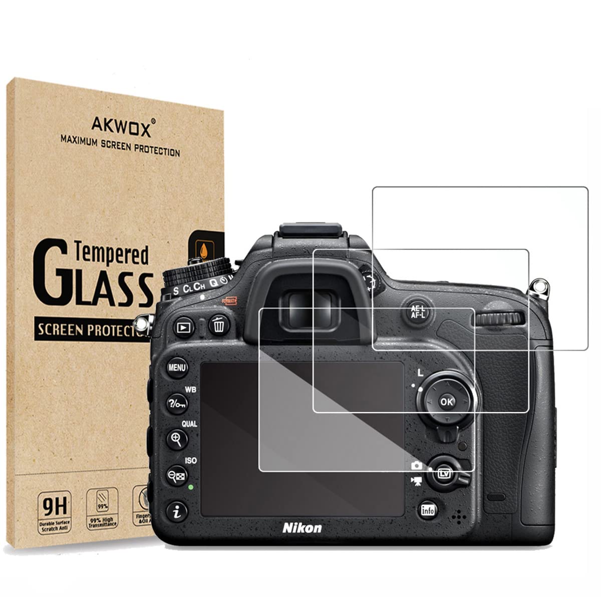AKWOX (3-Pack) Tempered Glass Screen Protector for Nikon D3500 D3400 D3300 D3200 D3100, [0.3mm 2.5D High Definition 9H] Optical LCD Premium Glass