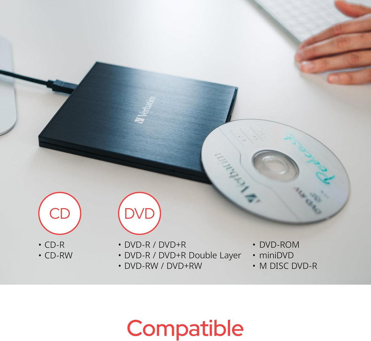 Verbatim External Slimline CD/DVD Writer, USB 2.0, M-DISC, USB-C Adapter