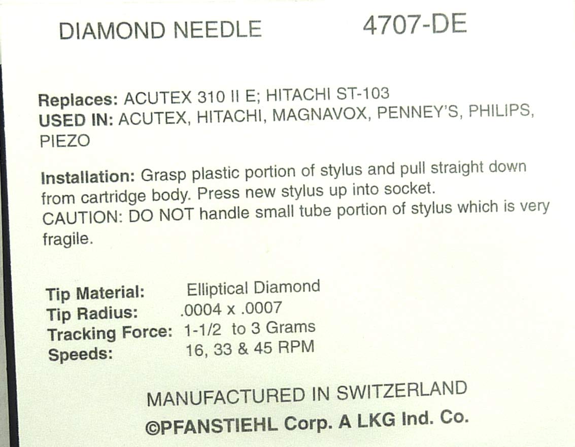 Phonograph Turntable Needle For Acutex 307E 306/II 320/III 310/II 312 315 Astatic N1801-7D Hitachi DS-ST103 Kenwood N-45 Magnavox 560418, 560421 Radio