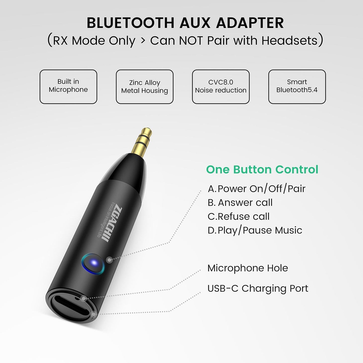 Bluetooth Aux Adapter for Car, Wireless Bluetooth 5.4 Receiver with 3.5mm Jack, 6H Playtime, HiFi Stereo for Vehicle Truck Home Stereo Speaker Music