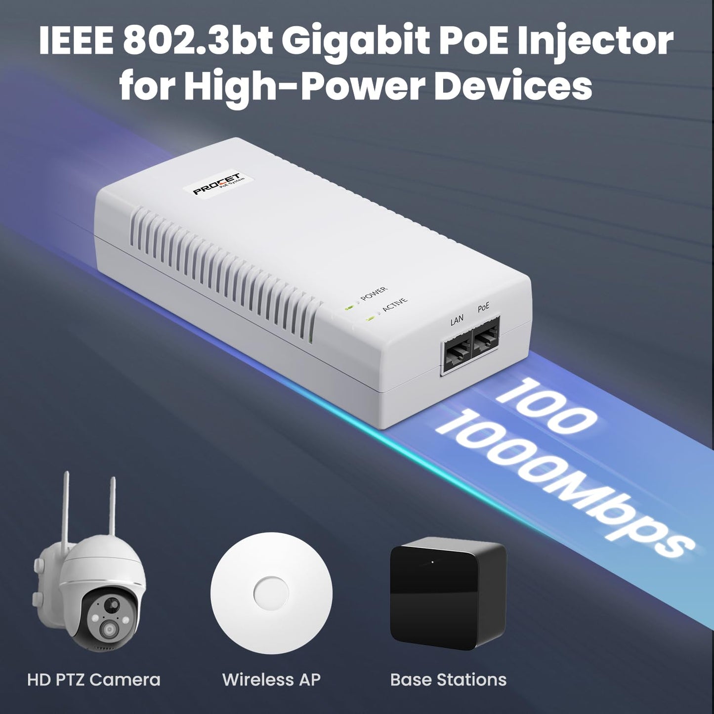 90W PoE Injector 10Gbps, Supplies 15.4W or 30W or 60W or 90W IEEE802.3bt/at/af Compliant, PoE Port Supplies 6KV (10/700us) Surge Protection, PoE++