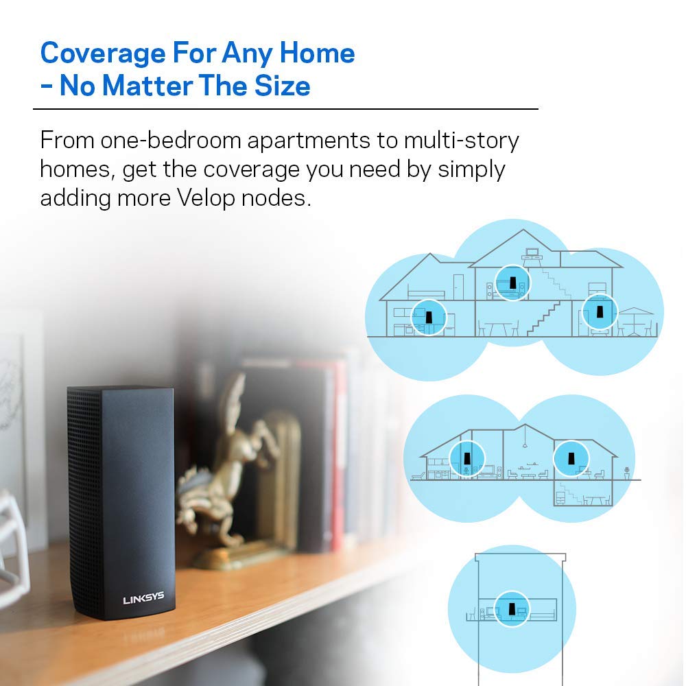 Linksys Velop Mesh Home WiFi System, 4,000 Sq. ft Coverage, 40+ Devices, Speeds up to (AC2200) 2.2Gbps, Black - WHW0302B