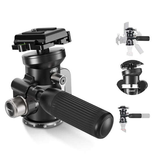 NEEWER Video Camera Tripod Pan Tilt Head with +/-15° Leveling Bowl Base, Photography Tripod Head with Retractable Handle, 1/4" Arca Type QR Plate