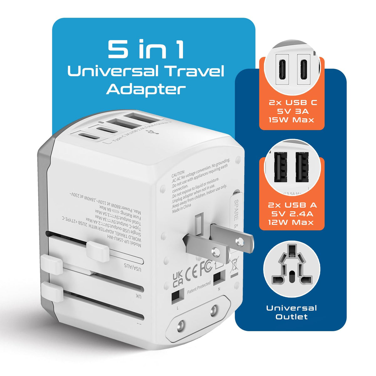 Ceptics 5 in 1 Travel Adapter Worldwide, Universal Socket, 2 USB-A + USB-C
