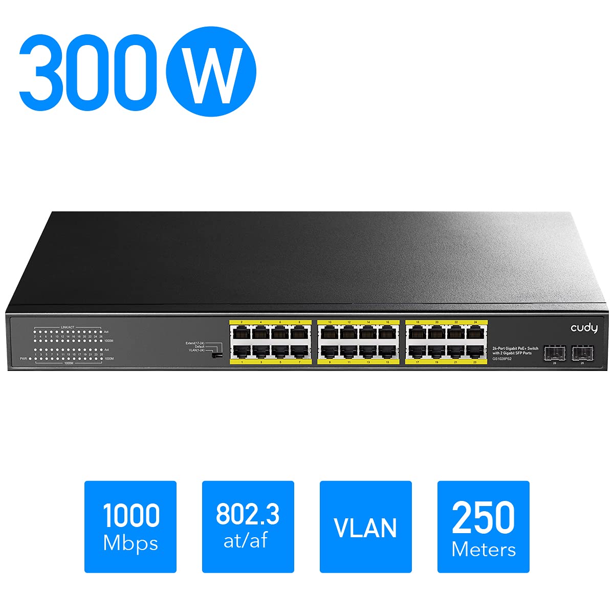 Cudy 24 Gigabit Ethernet Unmanaged PoE+ Switch, 300W, 24 * 100/1000Mbps PoE+ Ports, 2 Gigabit SFP, CCTV / VLAN Mode, 19-inch Rackmount, 802.3af/at