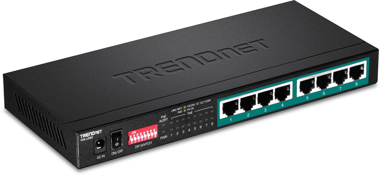 TRENDnet 8-Port Gigabit Long Range Poe+ Switch, TPE-LG80, 65W Power Budget, Ethernet Splitter, Extends Range Up to 200M (656 ft.), 16Gbps Switching