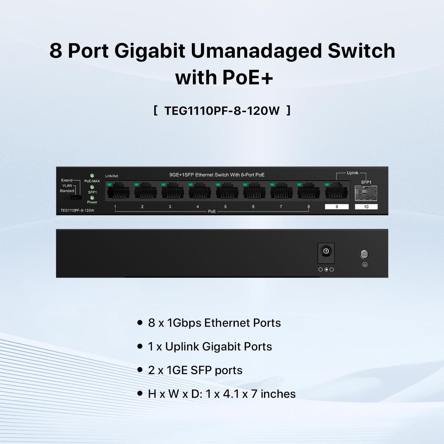 Tenda TEG1110PF Unmanaged PoE Switch with 8 Port PoE+@120W, 8 Port Gigabit PoE Compatible with IEEE 802.3af/at Devices, w/ 1 Uplink Gigabit Port & 1