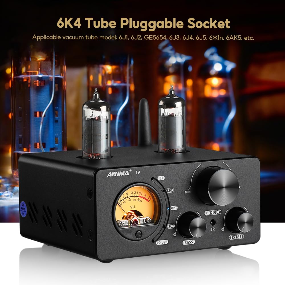 AIYIMA T9 200W Bluetooth Amplifier HiFi Digital Class D Power Amp 2.0/2.1 Channel Vacuum Tube DAC Amp with VU Meter & Bass Treble Bluetooth Coaxial