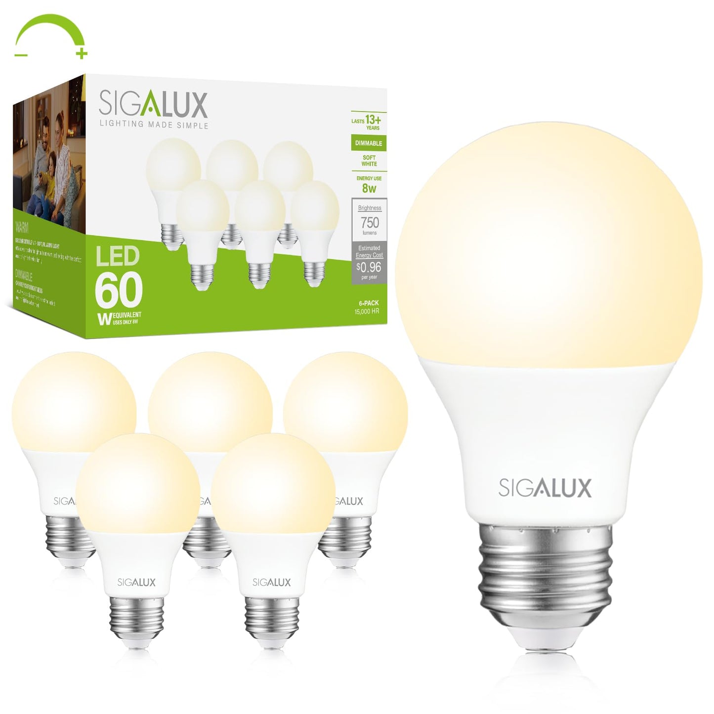 Sigalux EcoBright, T20 Compliant LED Light Bulbs 60 Watt A19 Standard Light Bulbs Soft White, Dimmable Efficient 8W 2700K Warm LED Bulbs with E26