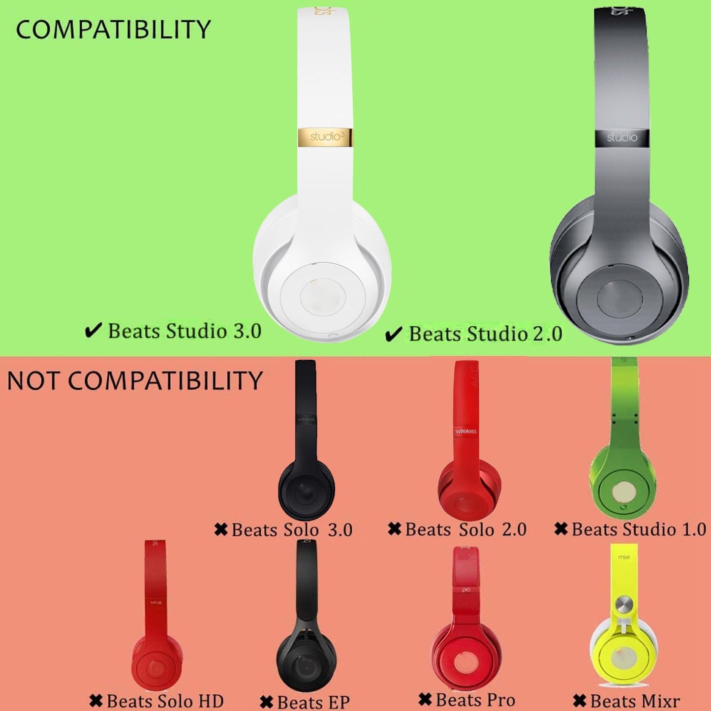 Replacement Ear Pads Cushions Compatible with Beats Studio 3.0/2.0, Headphone Ear Covers with High Density Memory Foam, Soft Leather, Adaptive Beats