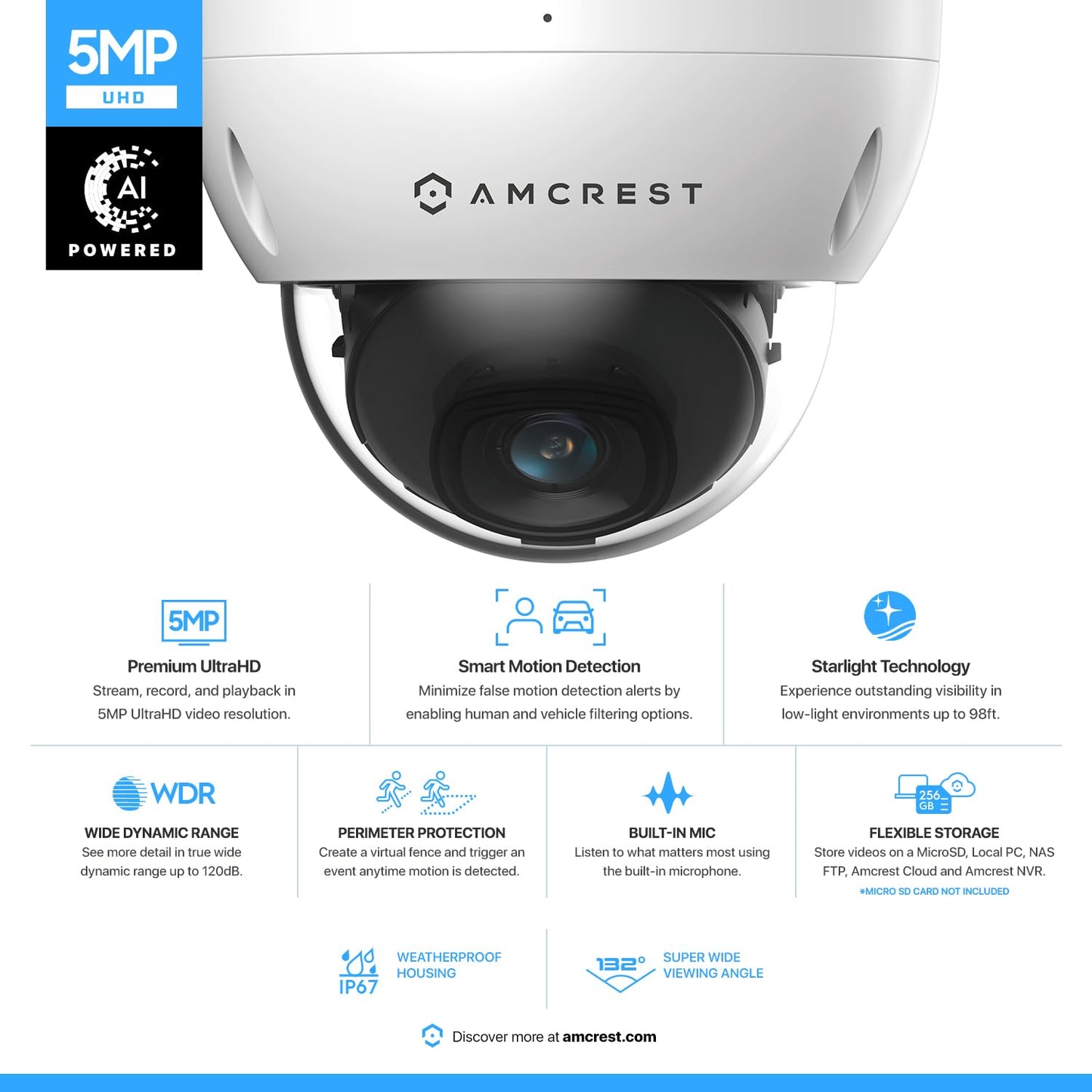 Amcrest 5MP POE Camera, Outdoor Vandal Dome Security POE IP Camera, 5-Megapixel, 98ft NightVision, 2.8mm Lens, IP67, IK10 Resistance, MicroSD 256GB