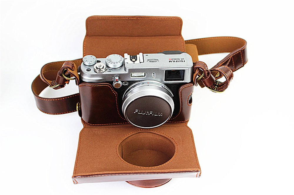 X100 Case, BolinUS Handmade PU Leather Fullbody Camera Case Bag Cover for Fujifilm Fuji X100 X100S X100T Bottom Opening Version + Neck Strap -Coffee