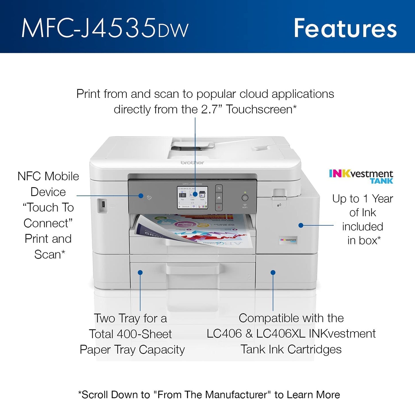 Brother MFC-J4535DW INKvestment Tank All-in-One Color Inkjet Printer with NFC, Duplex and Wireless Printing Plus Up to 1-Year of Ink in-Box, Works