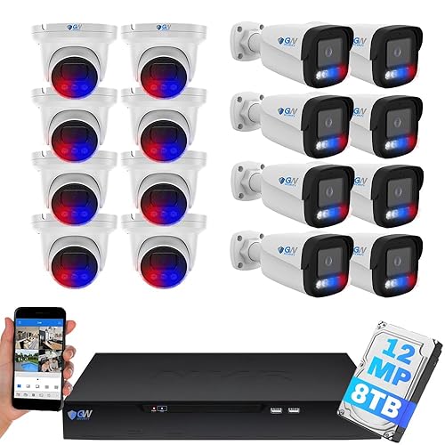 GW Security UltraHD 12MP 6K Full Time Color Night Vision 32 Channel Security Camera System with (8) Bullet and (8) Dome 12MP (4512x2512P) PoE 2-Way