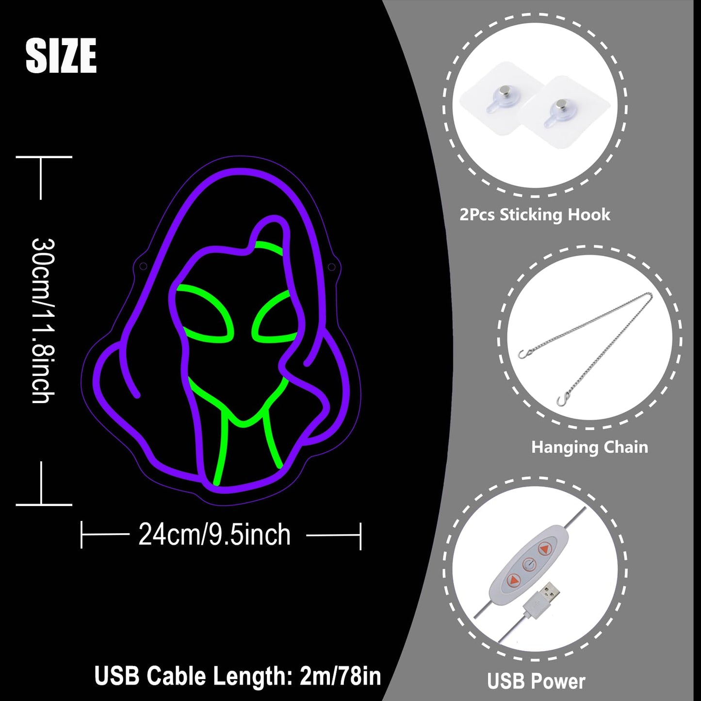 Alien Reaper Neon Sign - 12" x 9.5" Purple & Green LED Neon Light with Dimmer, Premium 5.5mm Thickened Acrylic Base, Cool Cyberpunk Wall Decor