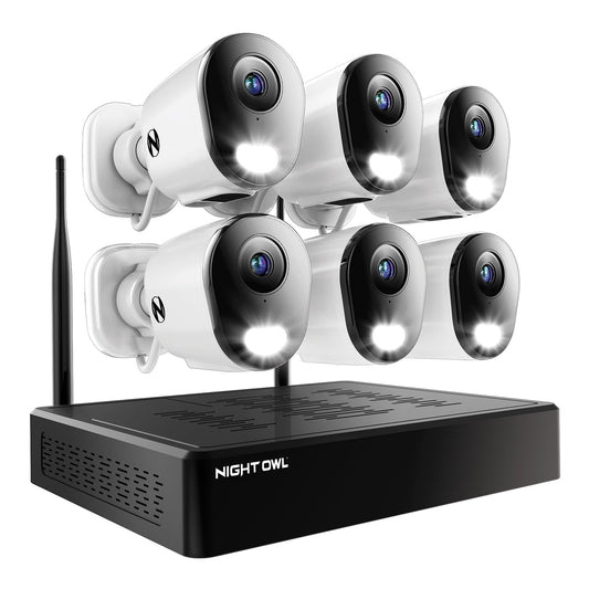 Night Owl 10 Channel Bluetooth Video Home Security Camera System with (6) Plug-in Wi-Fi 2K HD Indoor/Outdoor Spotlight Cameras with 2-Way Audio