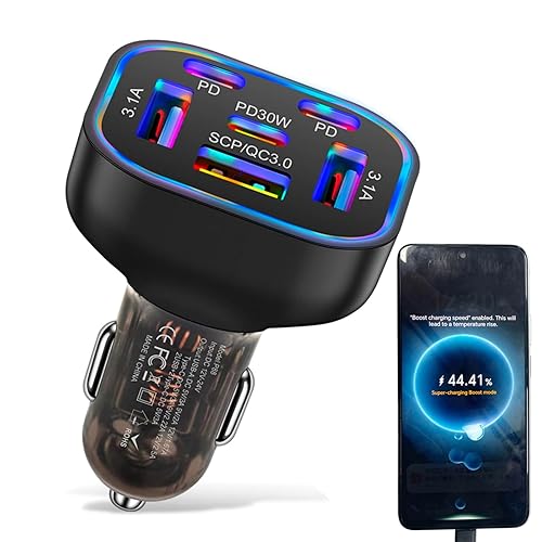 6 in 1 Multi Port USB C Car Charger Adapter PD 30W 6 Ports Super Fast Charging Cigarette Lighter Adapter 2 USB-C for MacBook iPhone 16/15/14/13/12