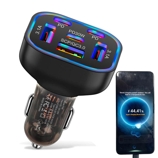 6 in 1 Multi Port USB C Car Charger Adapter PD 30W 6 Ports Super Fast Charging Cigarette Lighter Adapter 2 USB-C for MacBook iPhone 16/15/14/13/12