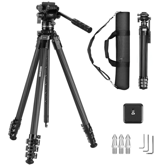 NEEWER 60.4" Travel Tripod Carbon Fiber with Detachable Damped Fluid Head, Lightweight Video Camera Stand with Metal Quick Flip Buckle, Arca Type QR