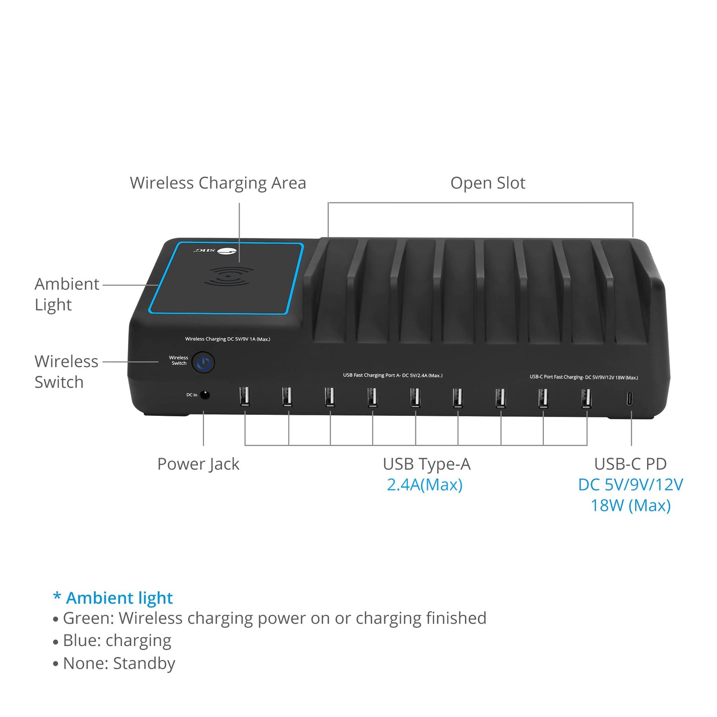 SIIG 10 Port 90W USB Charging station with Qi wireless and USB C Charging, Ambient Light Deck compatible with iPhone iPad Samsung Galaxy Google Nexus