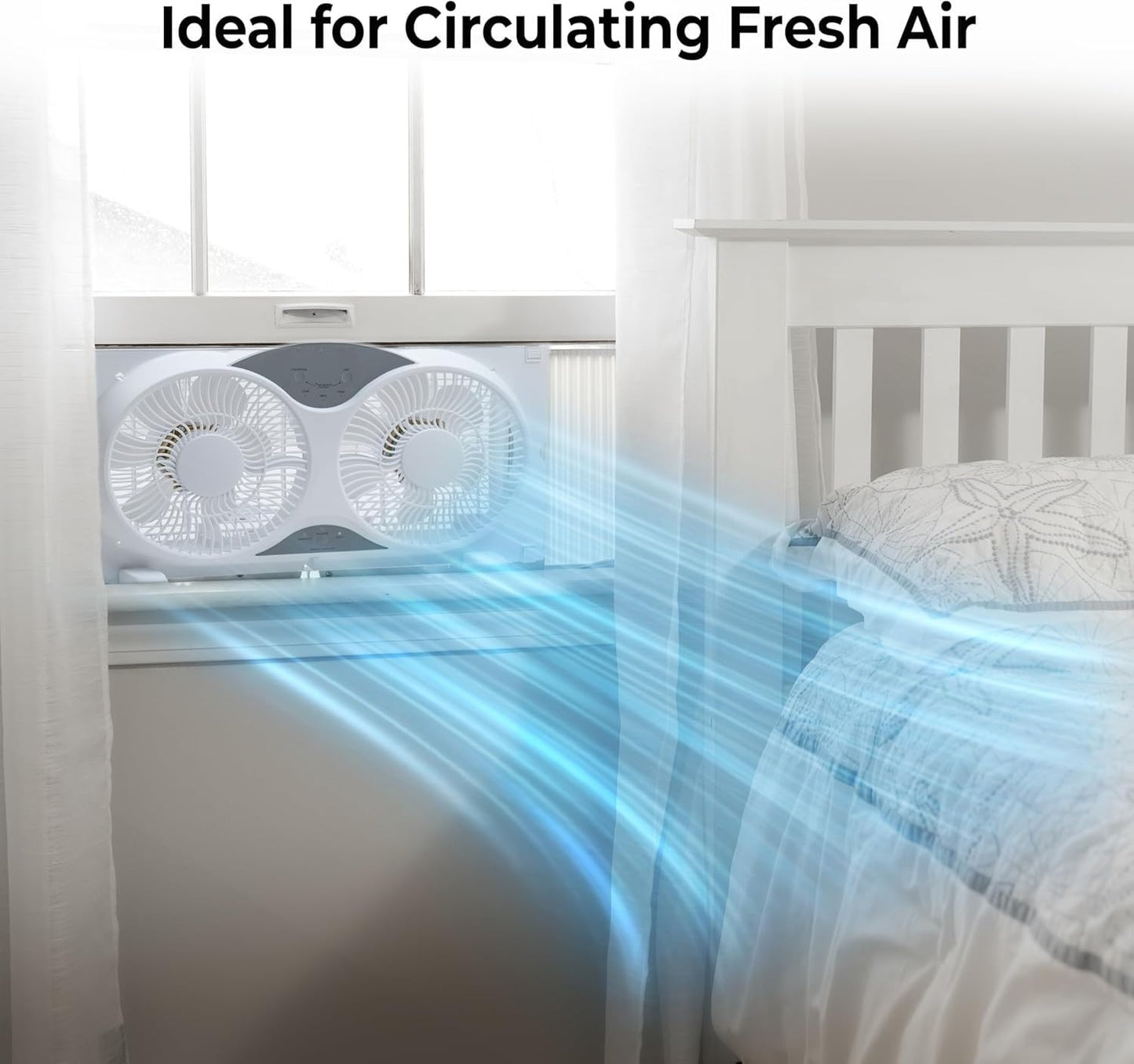EZ-CHILL 9” Window Fan with Remote Control, 3 Speed Dual Fans with Auto-Locking Expanders, 3 Modes (Cool, Circulate, Exhaust), Fabric Cover, White
