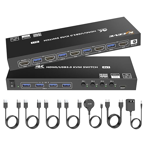 HDMI KVM Switch 4 Computers 1 Monitors 4K@60Hz 2K@120Hz,4 Port KVM Switch with Simulation EDID for 4 PCs Sharing Monitor Keyboard Mouse Hard Drives