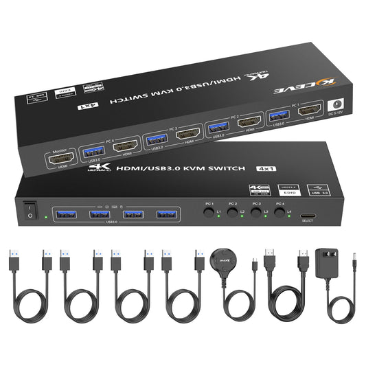 HDMI KVM Switch 4 Computers 1 Monitors 4K@60Hz 2K@120Hz,4 Port KVM Switch with Simulation EDID for 4 PCs Sharing Monitor Keyboard Mouse Hard Drives