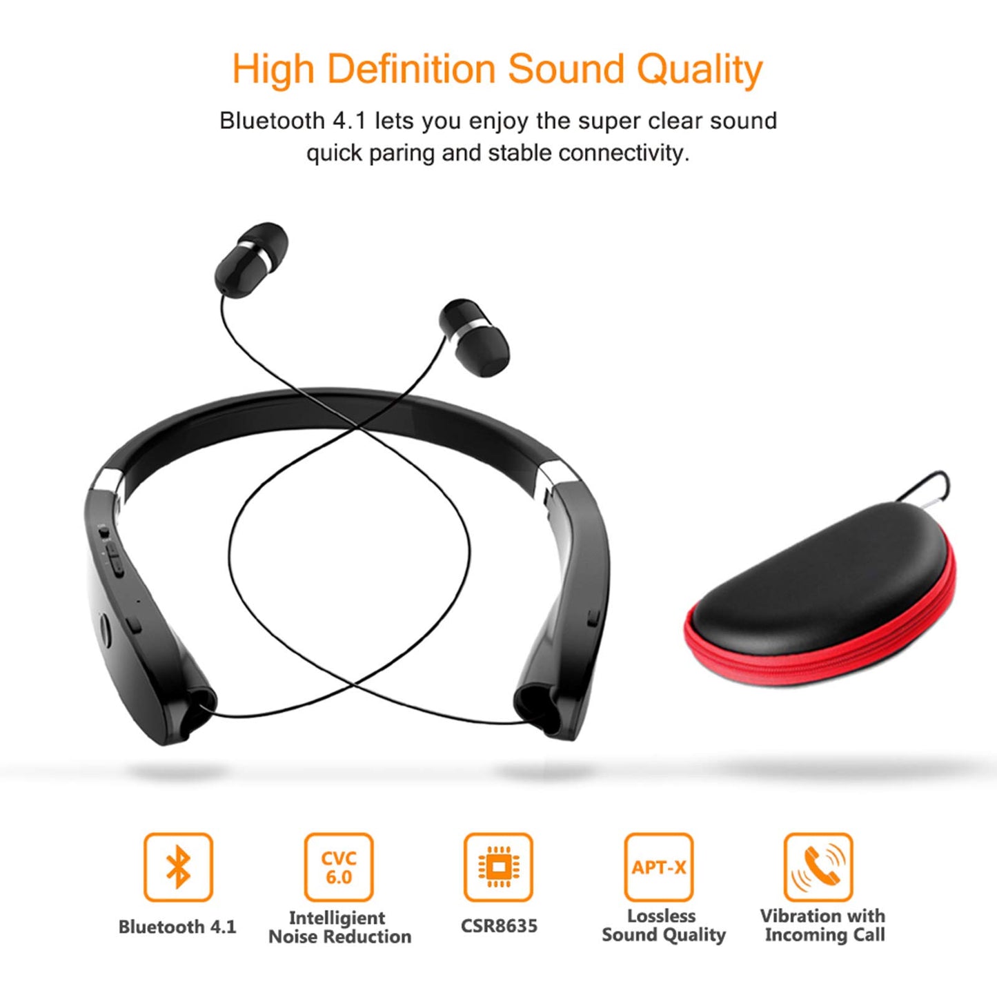 Foldable Bluetooth Headset, Beartwo Lightweight Retractable Bluetooth Headphones for Sports&Exercise, Noise Cancelling Stereo Neckband Wireless