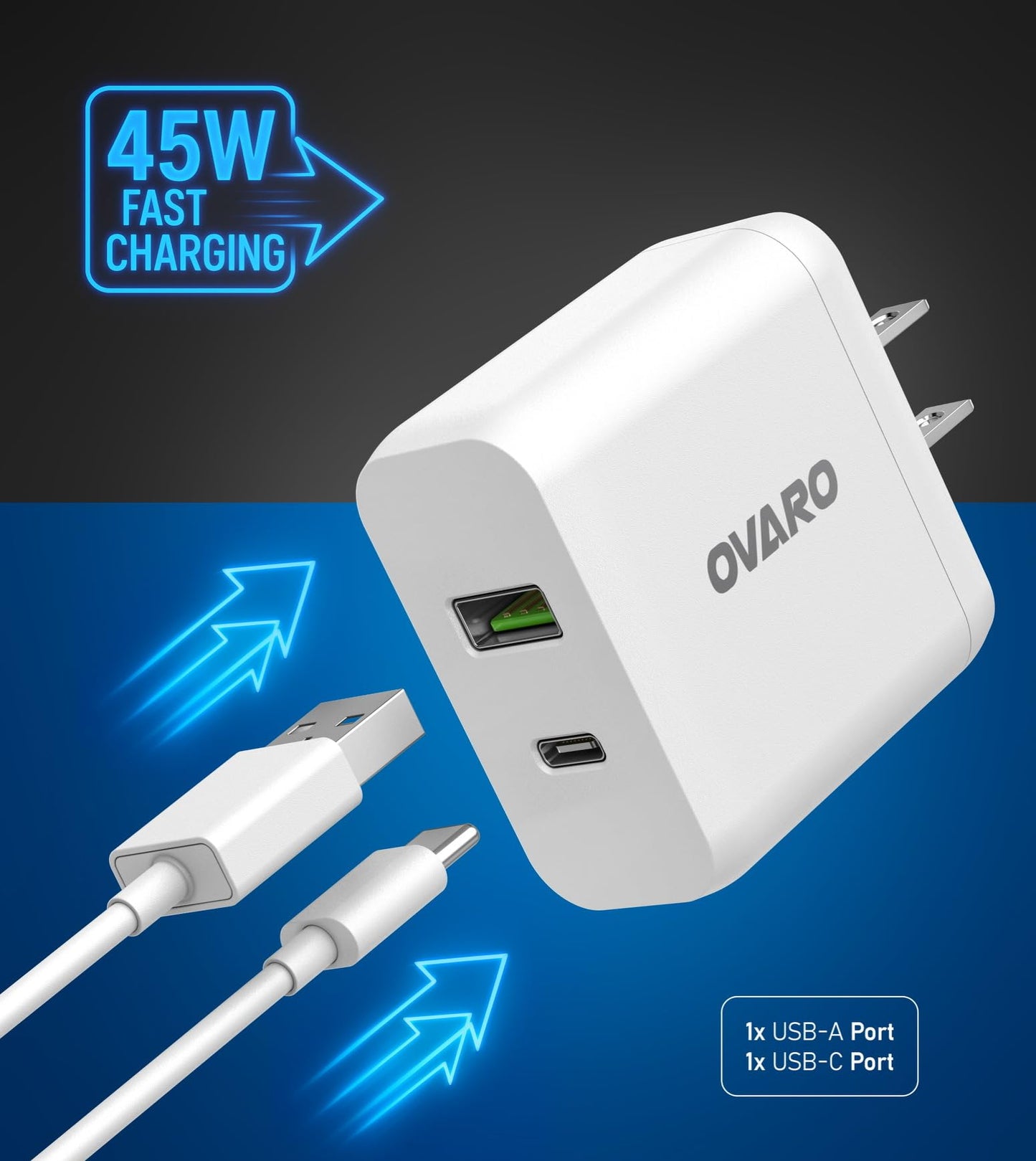 Ovaro 45W Type-C Fast Charger + 3m USB-C Cable, Dual USB-C/USB-A PD Wall Adapter for iPhone 17/17 Pro Max, New iPad Pro Air, Samsung Galaxy S24/S25