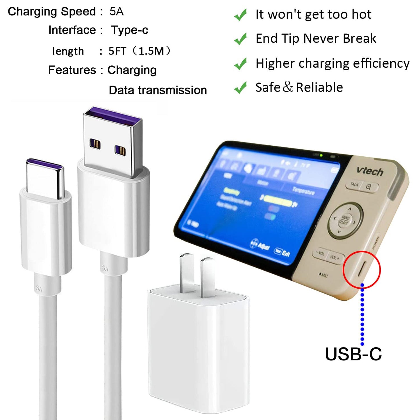 5V AC Power Adapter Charger and 5ft USB Charging Cord Cable Compatible with Vtech RM5754/HD/2HD, VTech RM5764/HD/2HD, VTech RM5864/HD/2HD, VTech