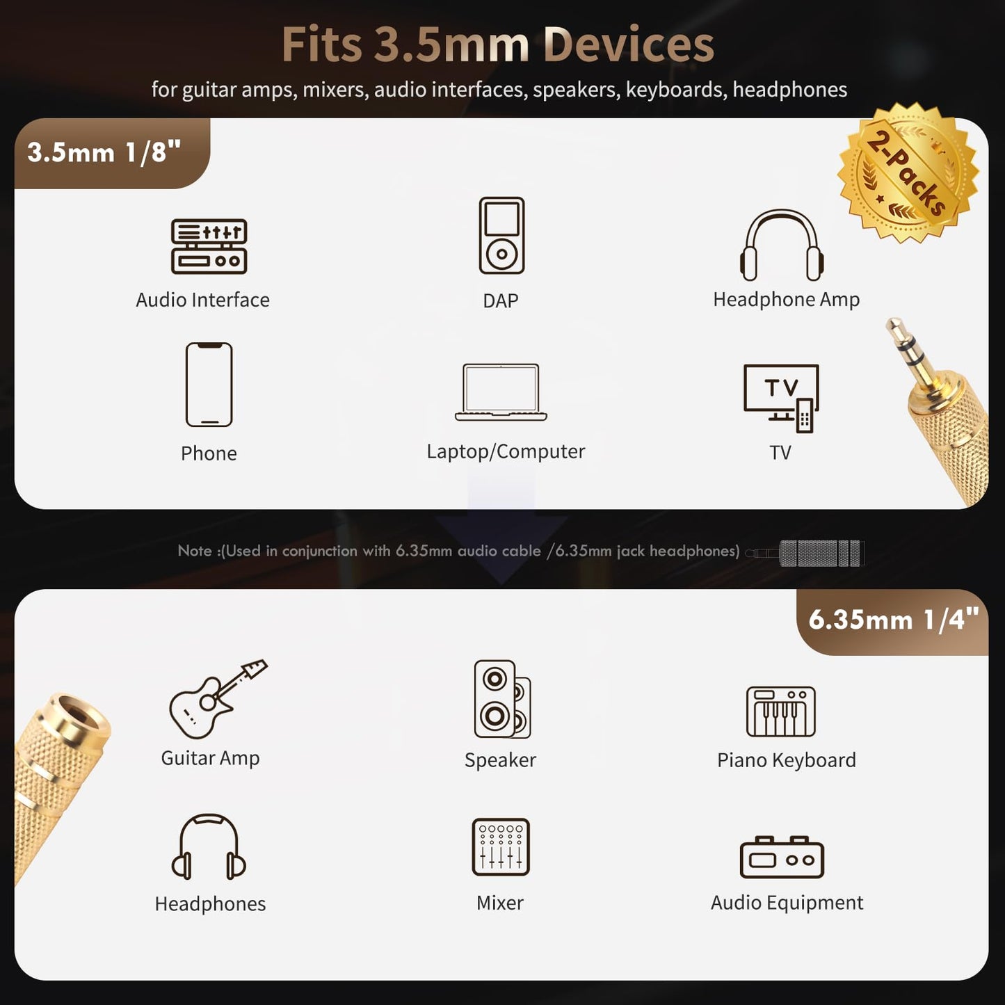 Nadadora 3.5mm Male to 6.35mm Female Stereo Headphone Adapter, 1/8 to 1/4 Audio Jack Converter for Headphones, Guitar Amp, Speaker, Mixer, 2 Pack