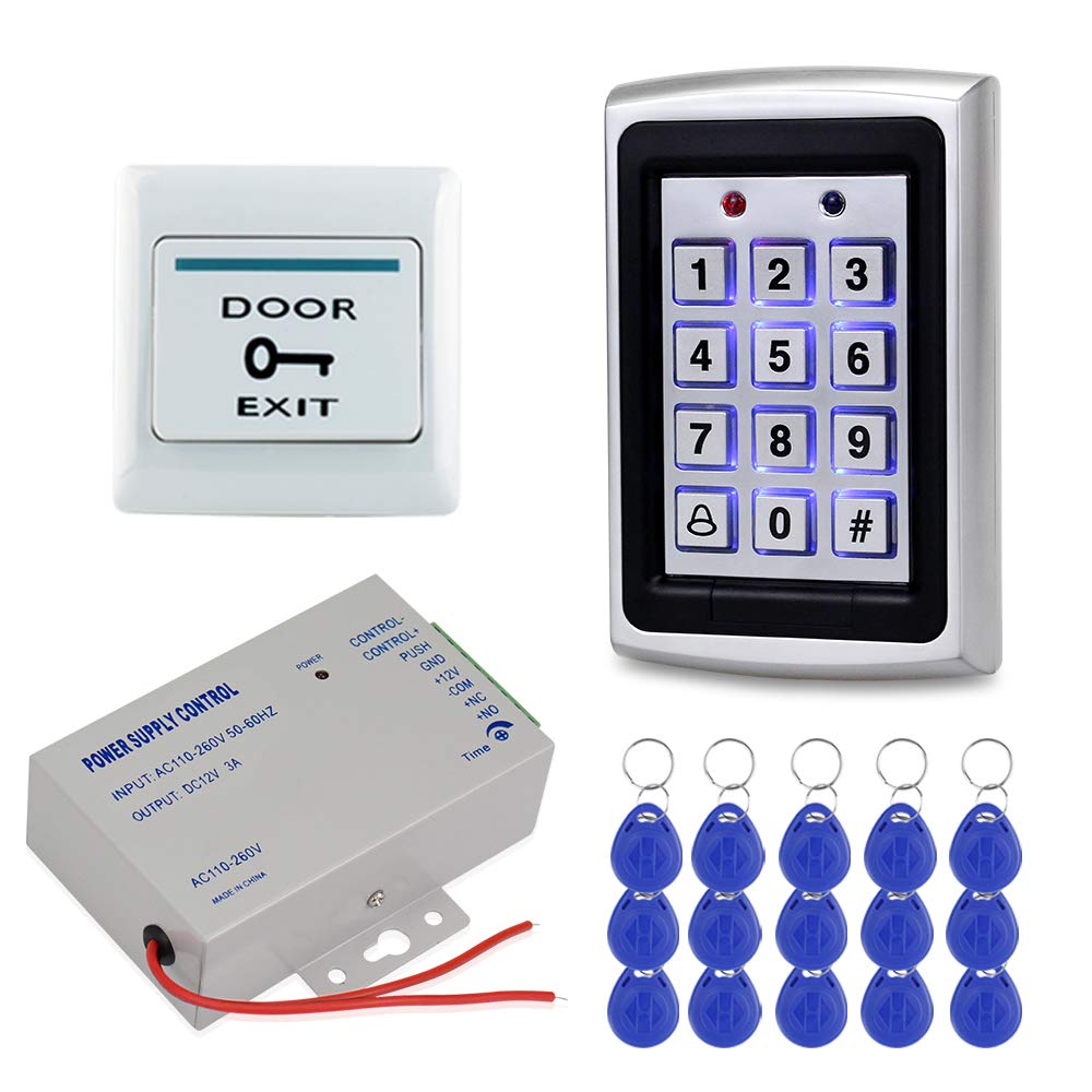 HFeng Door Access Control System Kit 125KHz RFID Keypad Metal Case + DC12V 3A Power Supply Controller + Door Exit Button + 10pcs Keyfobs (Without