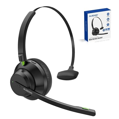 AUSDOM Trucker Bluetooth Headset with Microphone: A2301 Wireless 5.2 On-Ear Headset with AI Noise Cancelling Mic & Mute Button, 50H Playtime for Work