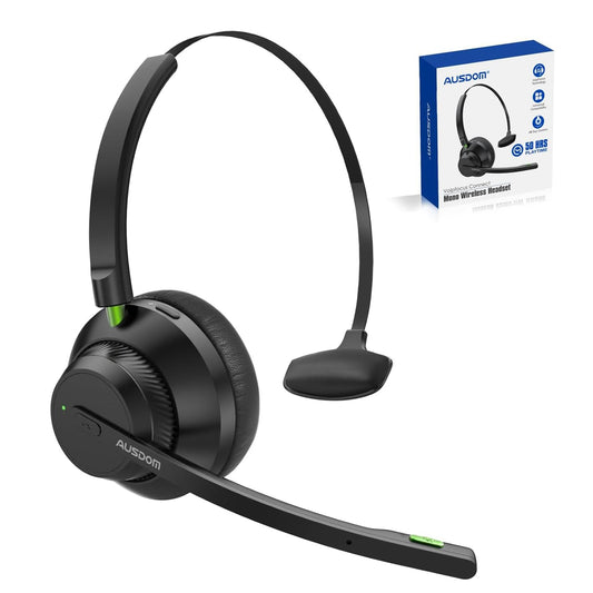 AUSDOM Trucker Bluetooth Headset with Microphone: A2301 Wireless 5.2 On-Ear Headset with AI Noise Cancelling Mic & Mute Button, 50H Playtime for Work