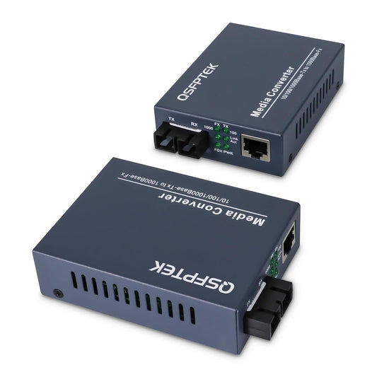 QSFPTEK A Pair Ethernet Media Converter, 1.25G Single-Mode Dual SC Fiber Gigabit Media Converter 10/100/1000Base-Tx to 1000Base-LX (1310nm, 20km)