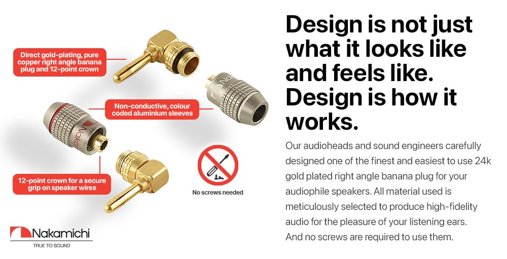Nakamichi FanLock Excel Series 24k Gold Plated Right-Angle 90 Degree Banana Plug 10 AWG - 18 AWG Gauge Size 4mm for Speakers Amplifier Hi-Fi Home