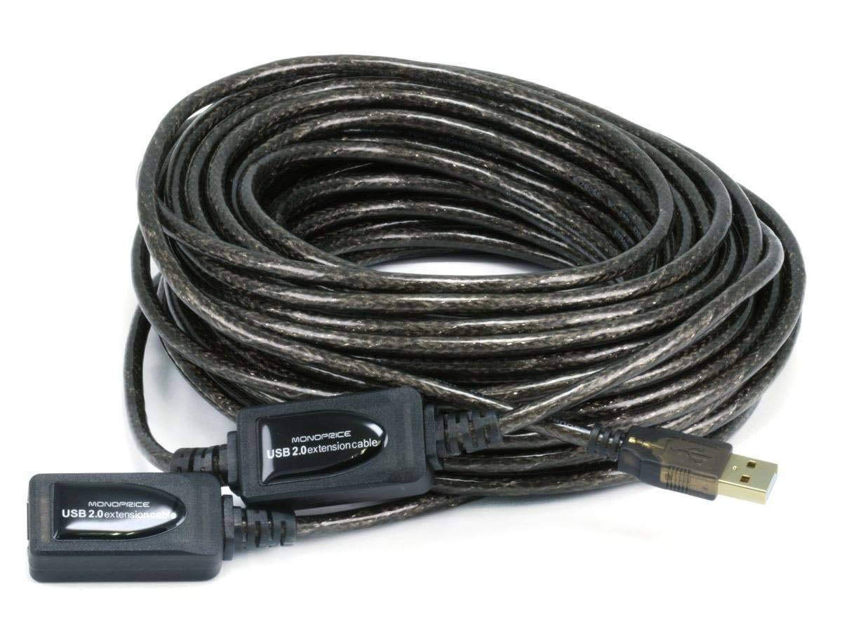 Monoprice USB 2.0 Extension Cable - USB Type-A Male to USB Type-A Female, Active, Repeater, 26/22AWG, 65 Feet, Black