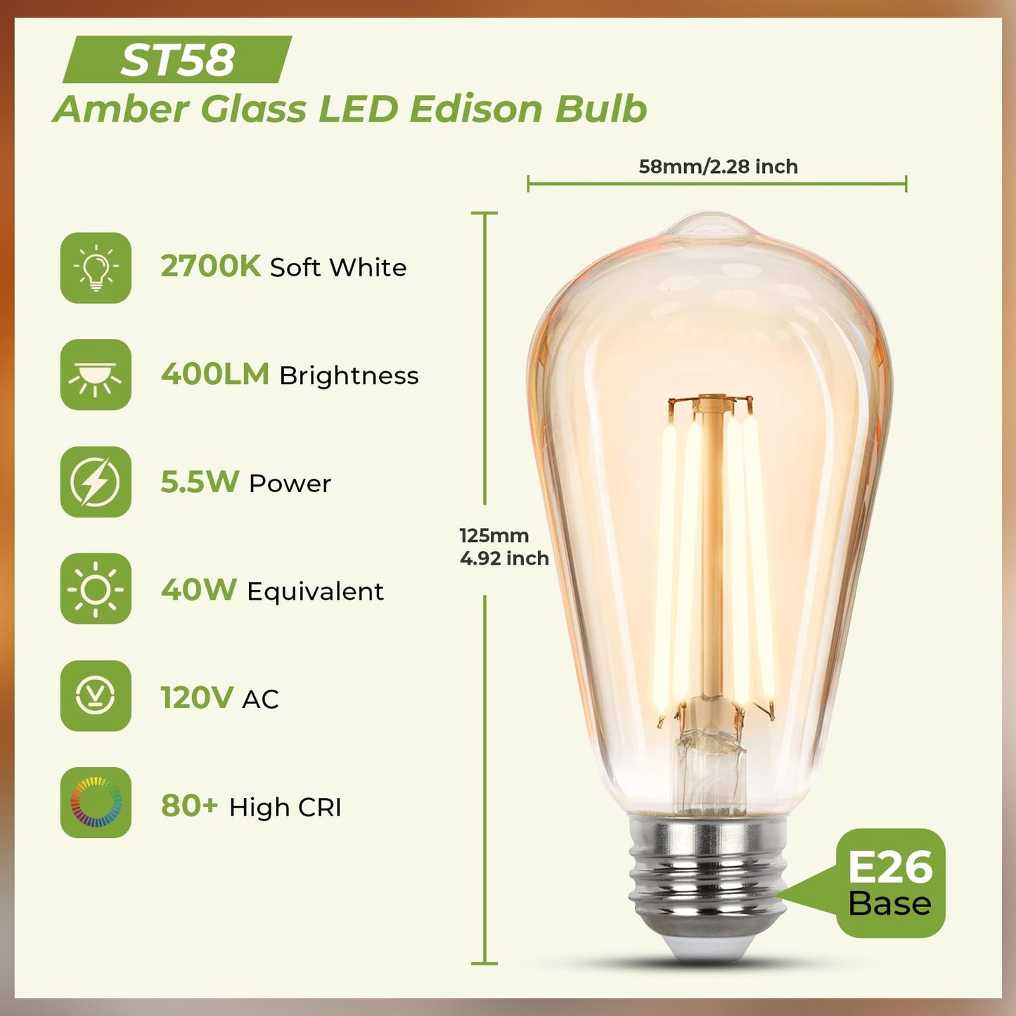 Sigalux Vintage LED Edison Bulbs 40 watt Equivalent, Dimmable E26 Light Bulb 2700K Soft Warm White, Amber Glass ST58 Vintage Bulb, 90+CRI, 4.5W 400LM