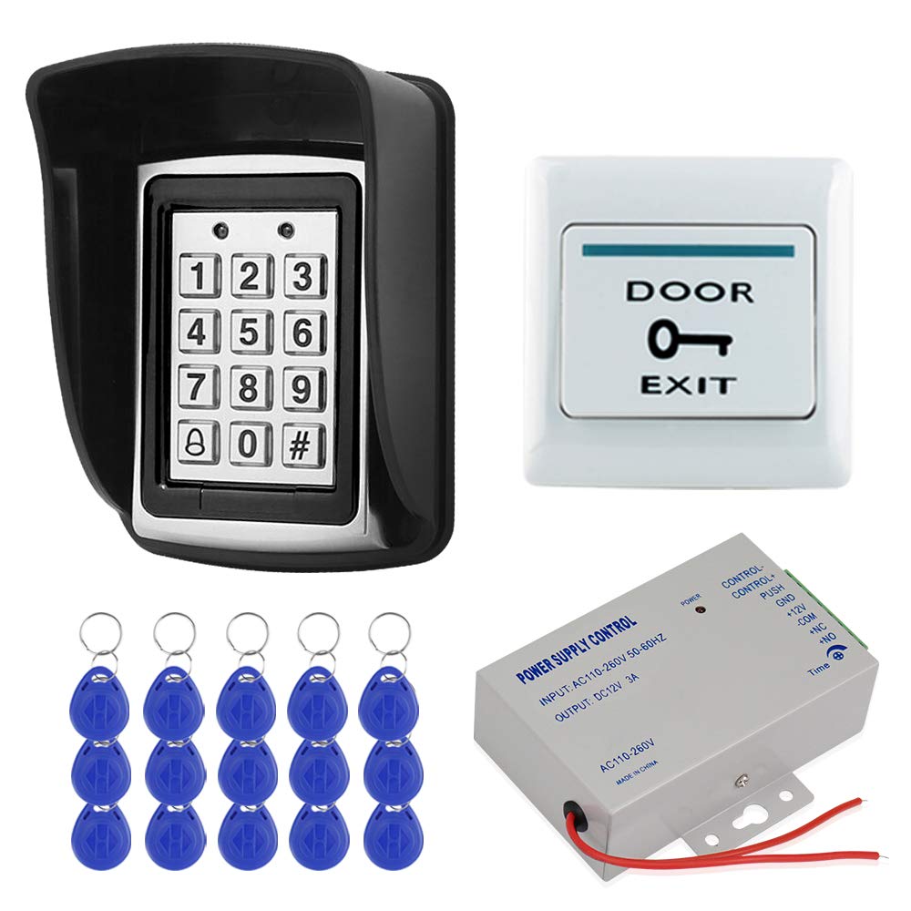 HFeng DIY RFID Access Control System Kit for Home Outdoor Waterproof Cover + RFID Keypad + DC12V 3A Power Supply + Door Exit Button + 15pcs EM4100 Key