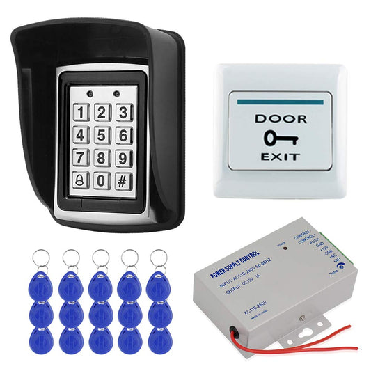 HFeng DIY RFID Access Control System Kit for Home Outdoor Waterproof Cover + RFID Keypad + DC12V 3A Power Supply + Door Exit Button + 15pcs EM4100 Key