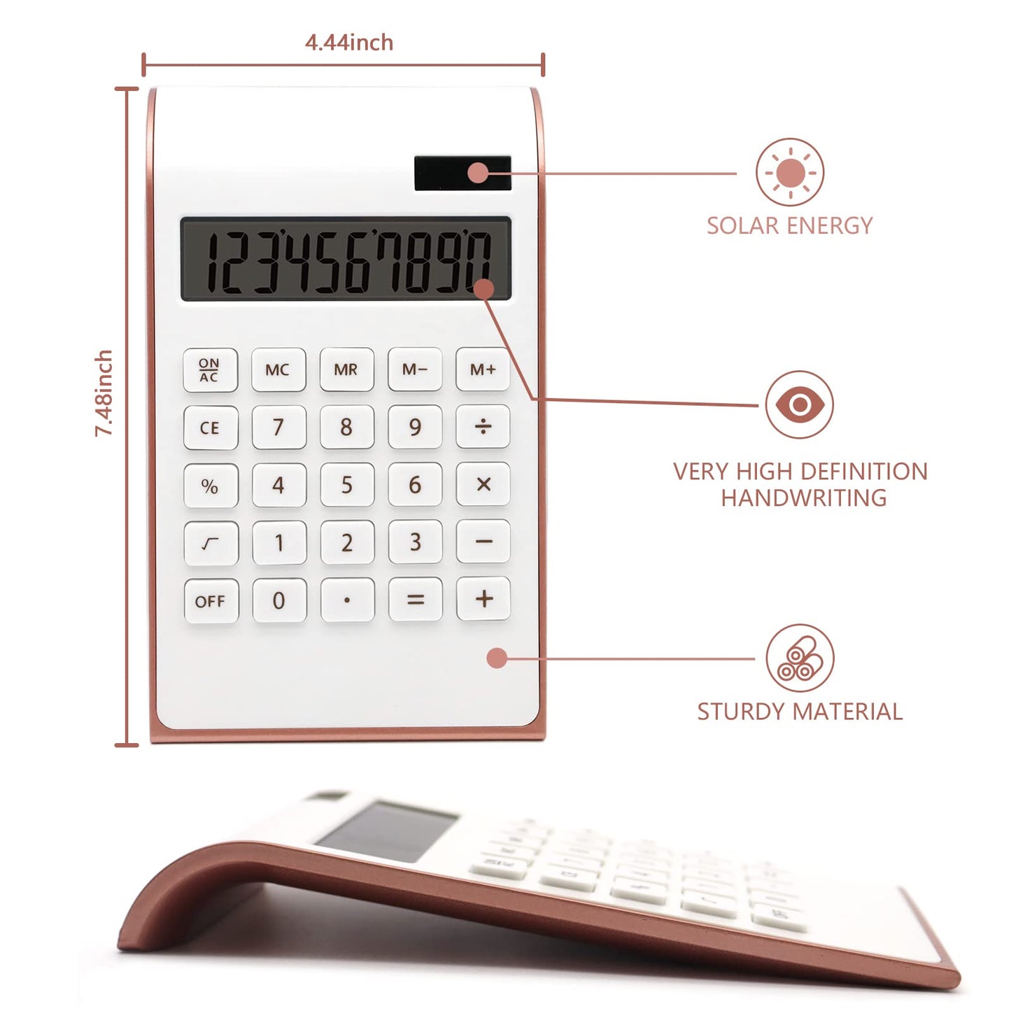 Rose Gold Calculator, UPIHO Rose Gold Pink Office Supplies and Accessories, 10 Digits Solar Battery Basic Desktop Calculator with Large LCD Display