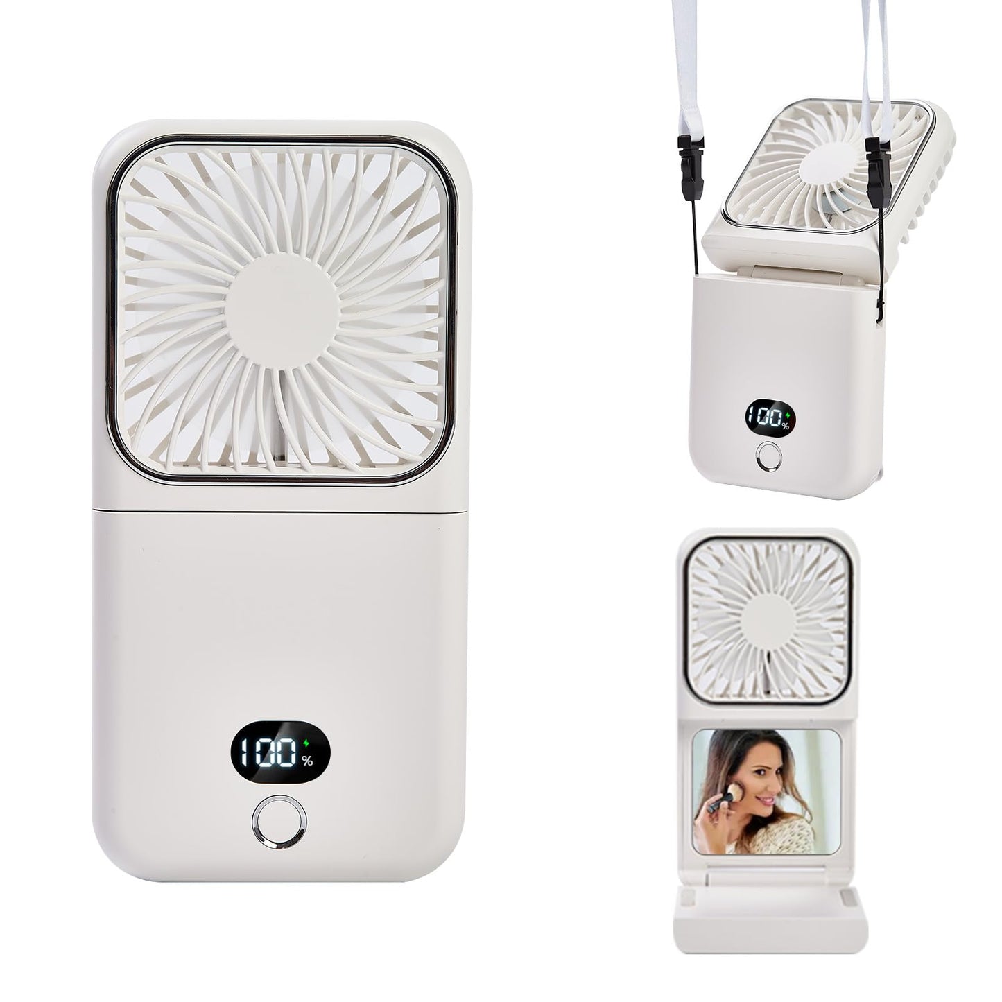 Portable Neck Fan with Mirror, Foldable Hands Free Personal Fan, USB Rechargeable Wearable Fan with Power Bank, Digital Display, Mini Desk Fan