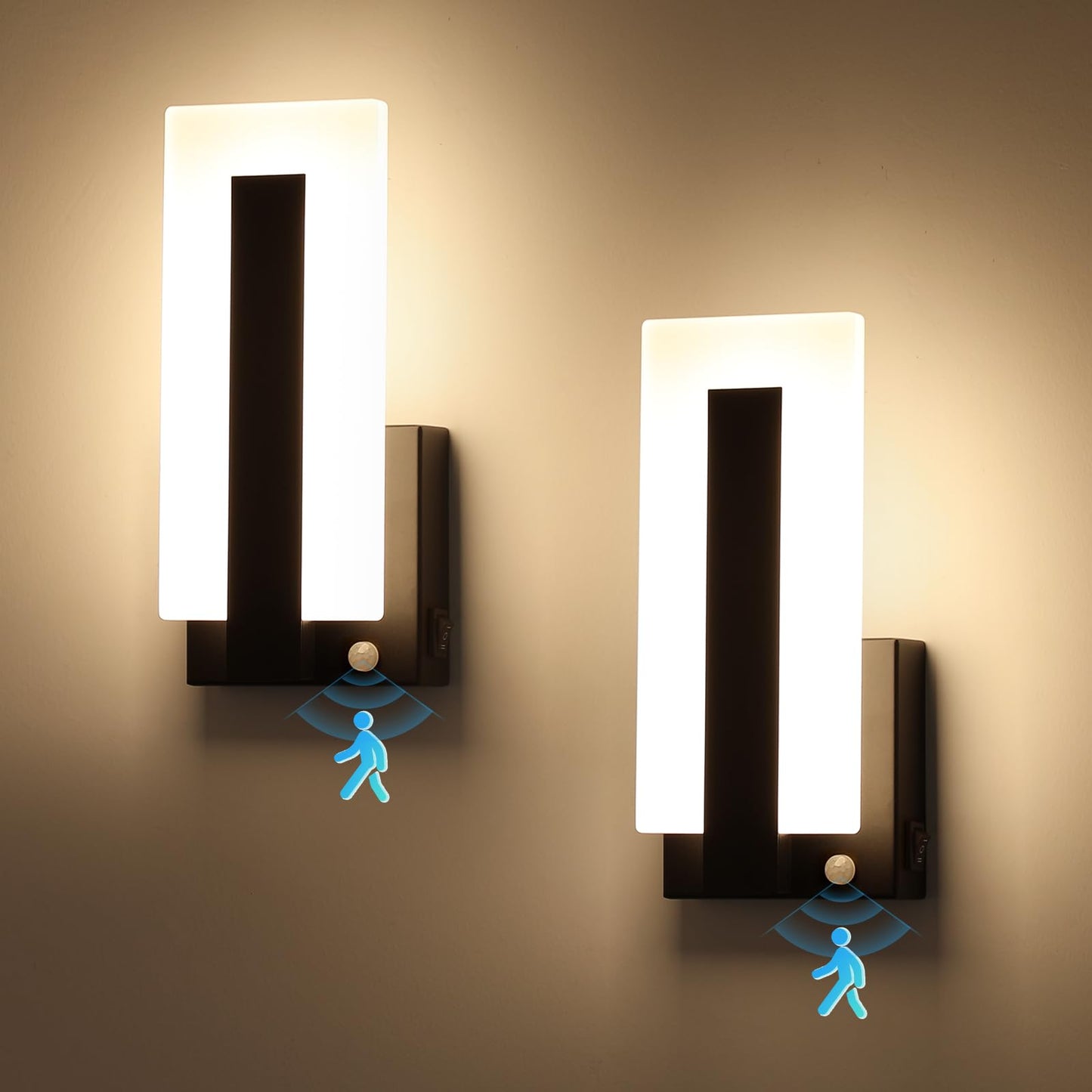 Joosenhouse Wall Sconces Set of Two Hardwired, Black Motion Sensor Wall Light Indoor, Modern Metal and Acrylic LED Wall Lamp 3000K Warm White