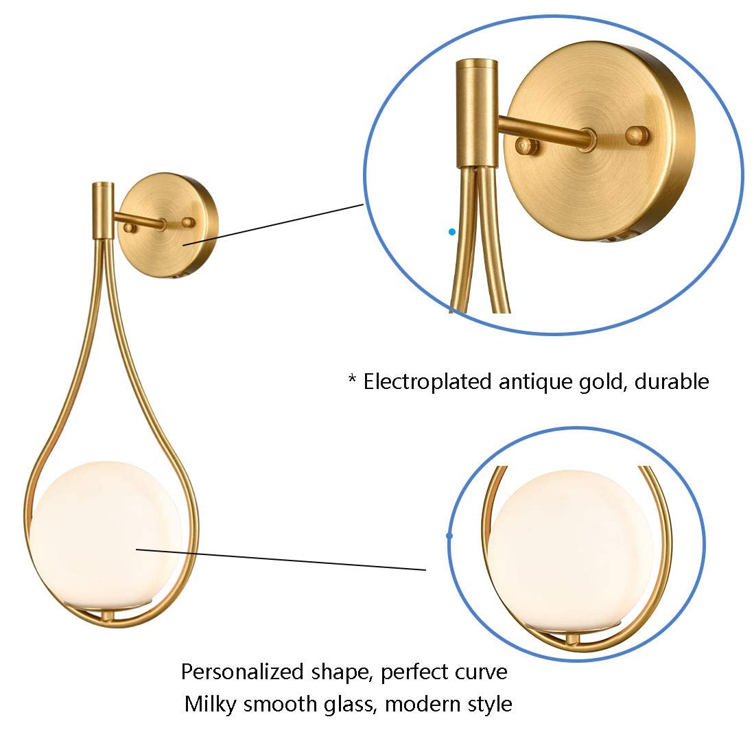 HOLKIRT Mid-Century Modern Wall Sconces Bathroom Globe Vanity Light Fixture Brass Set of 2 Wall Lights for Bedroom, Living Room, Hallway