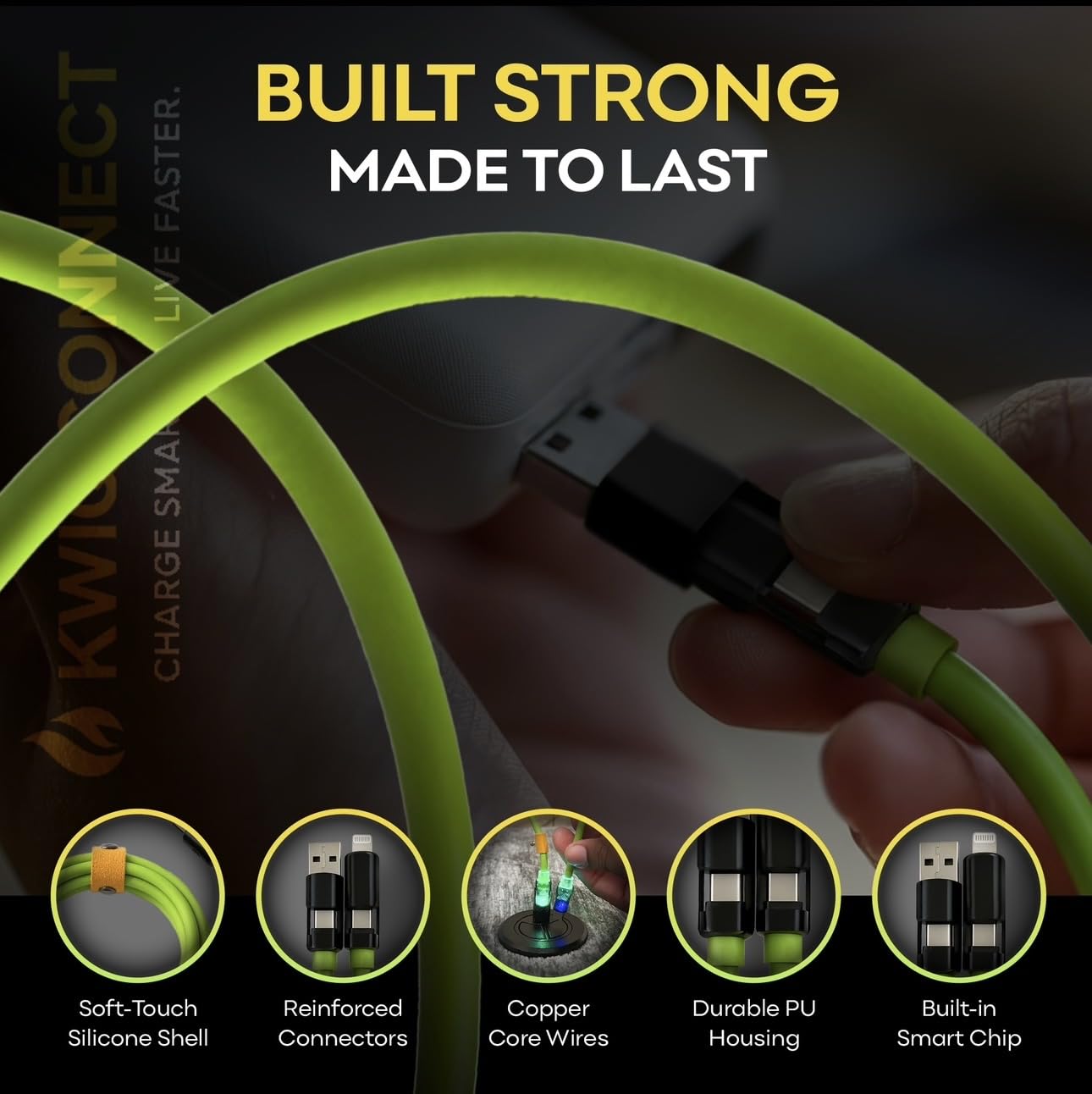 Kwiq Connect USB-C Cable 240W Fast Charging 4 in 1 Charging Cable 4FT, Chubby USB A/C to C/with Light for iPhone 16e 16 15 14 Pro/MacBook/iPad/Samsung