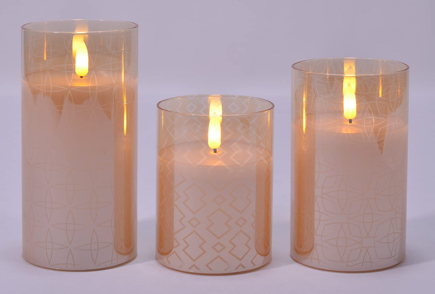 Mid Century Modern Flameless LED Glass Pillar Candles, Set of 3, 6 Inch, Metallic Rose Gold