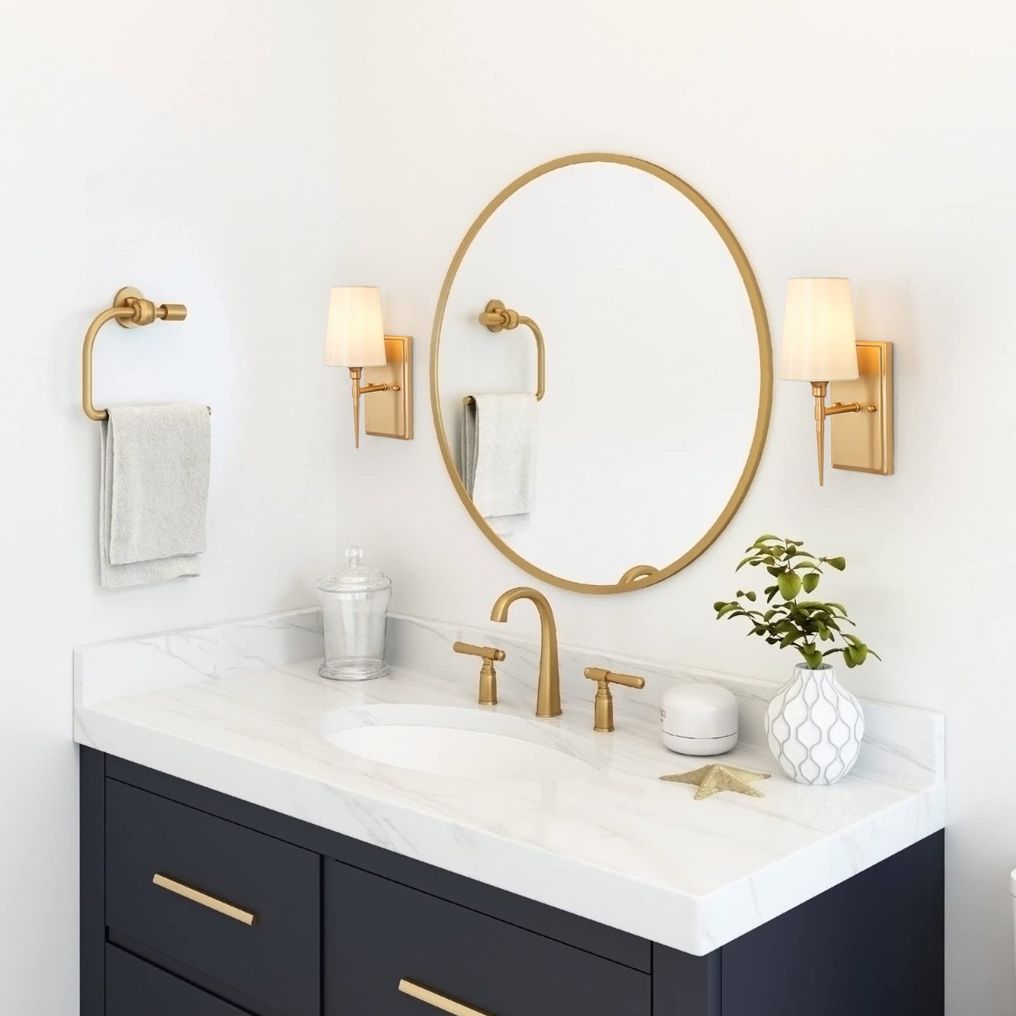 classy leaves Sconces Wall Lighting Fixture, 1 Light Gold Bathroom Light Fixtures with White Fabric Shade, Modern Gold Wall Sconce for Bathroom