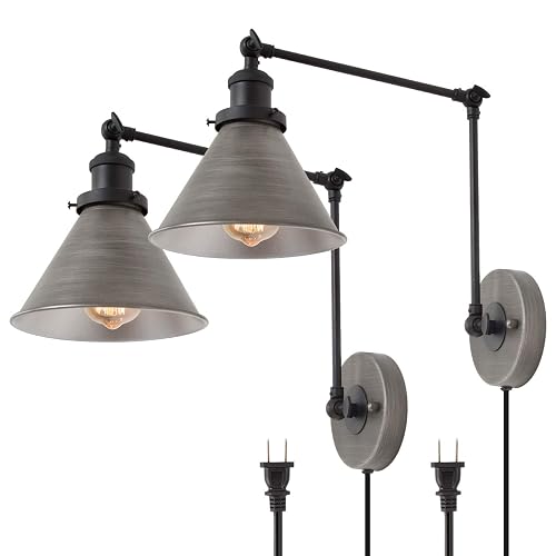 LNC Swing Arm Wall Lamp Modern Plug in Wall Sconce Hardwired Adjustable Farmhouse Wall Light Fixture, Brushed Antique Silver (2 Pack)